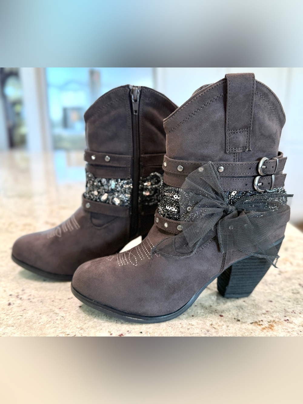 Not Rated Gray Suede Mid-Calf Boots with Sequin Strap and Tulle Bow "NEW"
